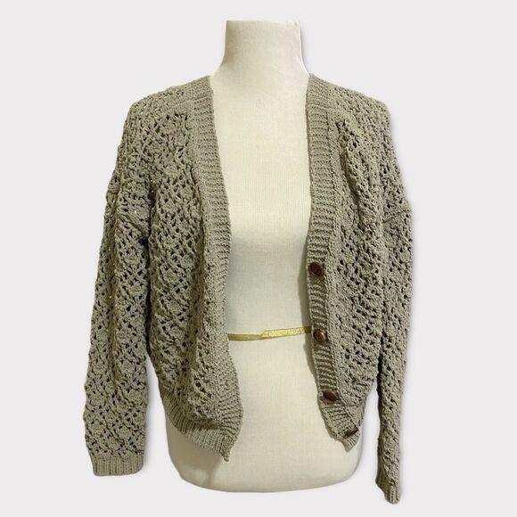 Sage Olive Green Chunky Cottagecore Knit Midi Boho Chic Button Front Cardigan - Picture 1 of 8